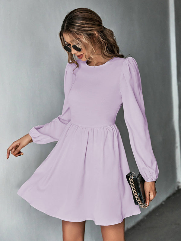 Dresses- Solid Lace-up Back Mini Dress with Puff Long Sleeve- - IndioGear Fashion and Gear