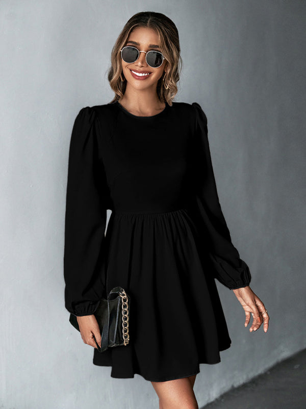 Dresses- Solid Lace-up Back Mini Dress with Puff Long Sleeve- Black- IndioGear Fashion and Gear