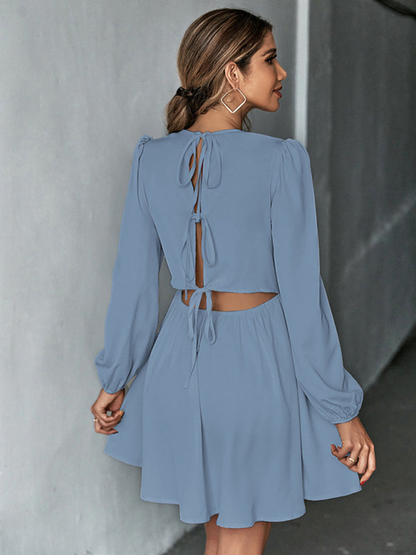 Dresses- Solid Lace-up Back Mini Dress with Puff Long Sleeve- - IndioGear Fashion and Gear