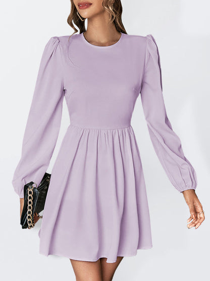 Dresses- Solid Lace-up Back Mini Dress with Puff Long Sleeve- Lavender- IndioGear Fashion and Gear