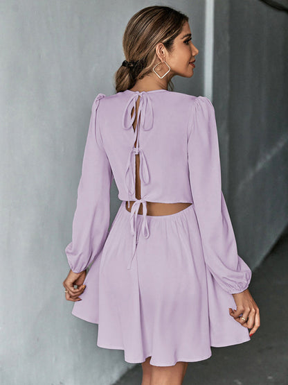 Dresses- Solid Lace-up Back Mini Dress with Puff Long Sleeve- - IndioGear Fashion and Gear