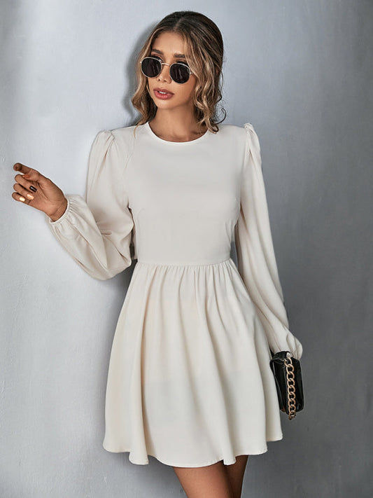 Dresses- Solid Lace-up Back Mini Dress with Puff Long Sleeve- Beige Cream- IndioGear Fashion and Gear