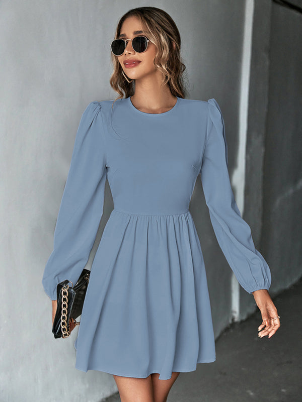 Dresses- Solid Lace-up Back Mini Dress with Puff Long Sleeve- - IndioGear Fashion and Gear