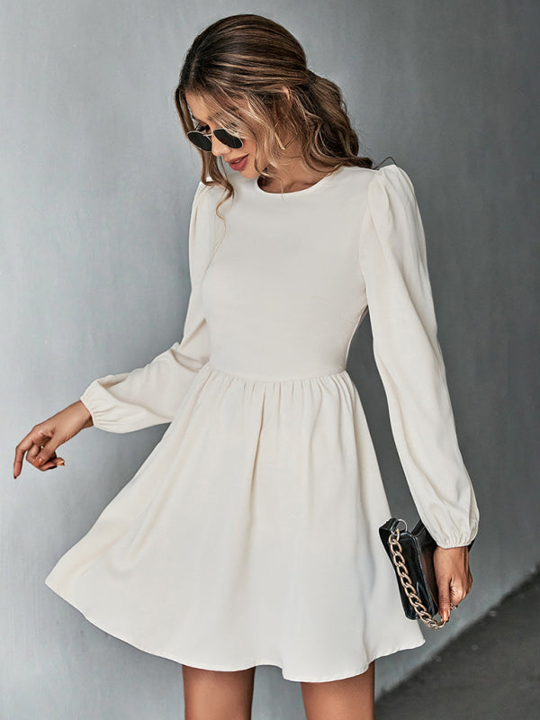 Dresses- Solid Lace-up Back Mini Dress with Puff Long Sleeve- - IndioGear Fashion and Gear