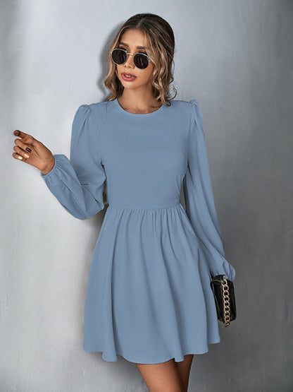 Dresses- Solid Lace-up Back Mini Dress with Puff Long Sleeve- Blue- IndioGear Fashion and Gear