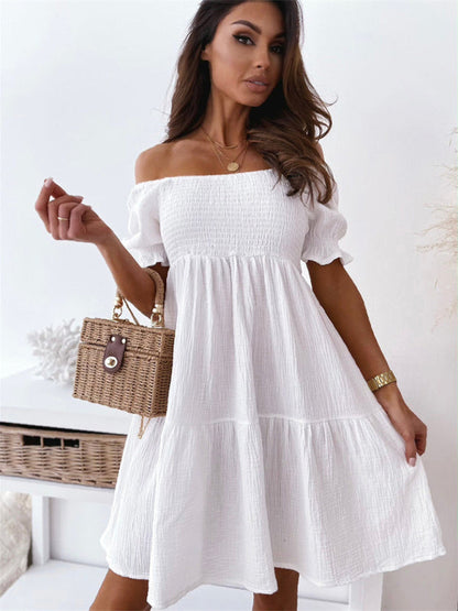 Dresses- Summer Textured Smocked Off-Shoulder Tiered Dress- White- IndioGear Fashion and Gear