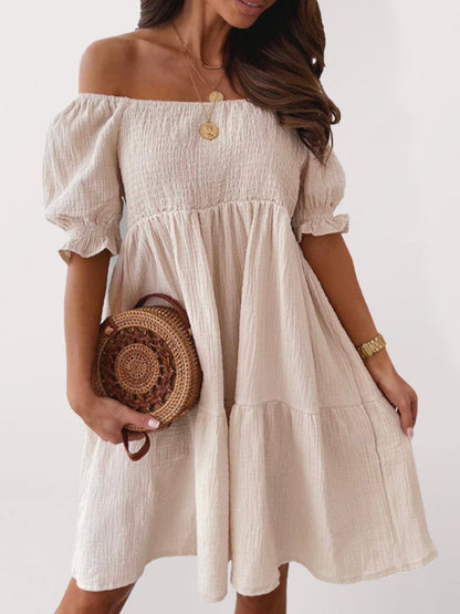 Dresses- Summer Textured Smocked Off-Shoulder Tiered Dress- Beige- IndioGear Fashion and Gear