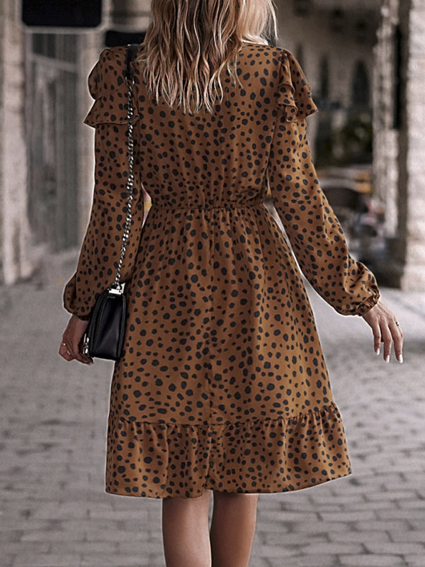 Dresses- V-Neck A-Line Midi Dress in Leopard Print with Gathered Waist and Long Sleeves- - IndioGear Fashion and Gear