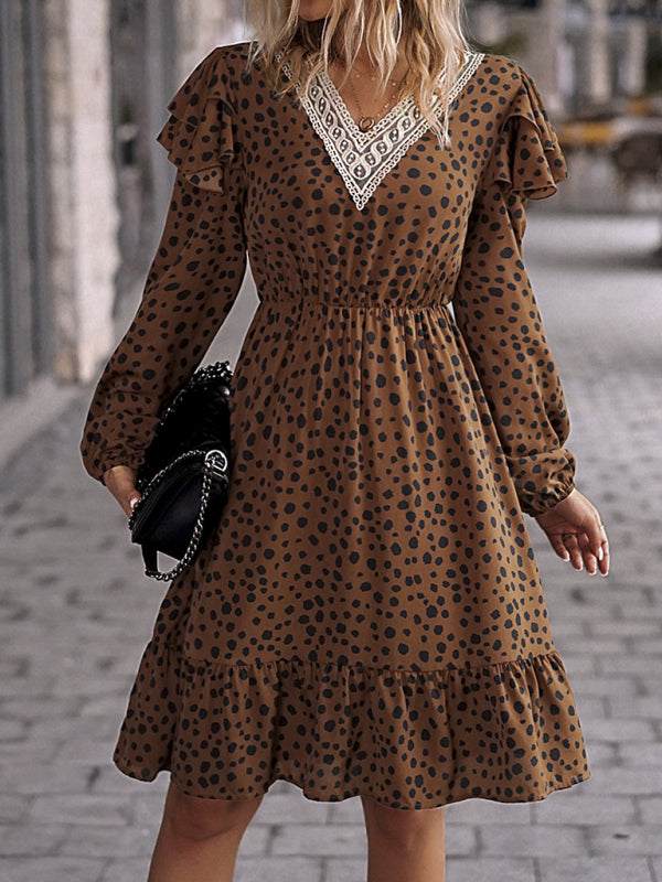 Dresses- V-Neck A-Line Midi Dress in Leopard Print with Gathered Waist and Long Sleeves- Khaki- IndioGear Fashion and Gear