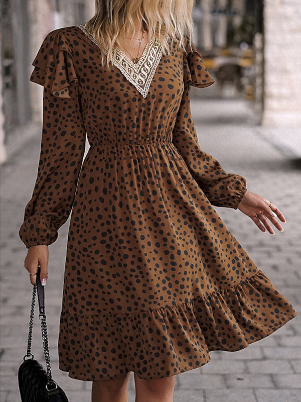 Dresses- V-Neck A-Line Midi Dress in Leopard Print with Gathered Waist and Long Sleeves- - IndioGear Fashion and Gear