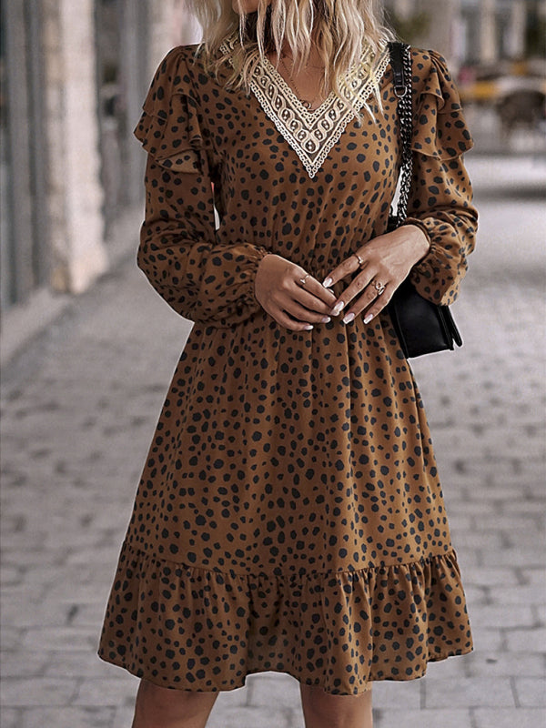 Dresses- V-Neck A-Line Midi Dress in Leopard Print with Gathered Waist and Long Sleeves- - IndioGear Fashion and Gear