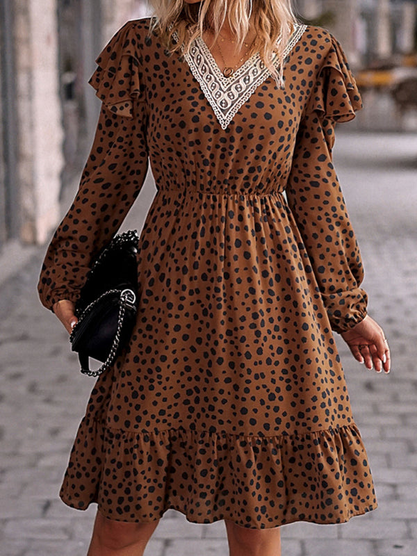 Dresses- V-Neck A-Line Midi Dress in Leopard Print with Gathered Waist and Long Sleeves- - IndioGear Fashion and Gear