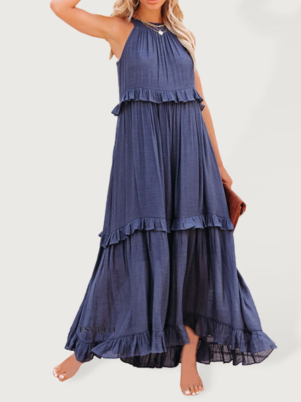 Dresses- Vacation Solid A-Line Tiered Ruffle Halter Maxi Dress- Navy blue- IndioGear Fashion and Gear