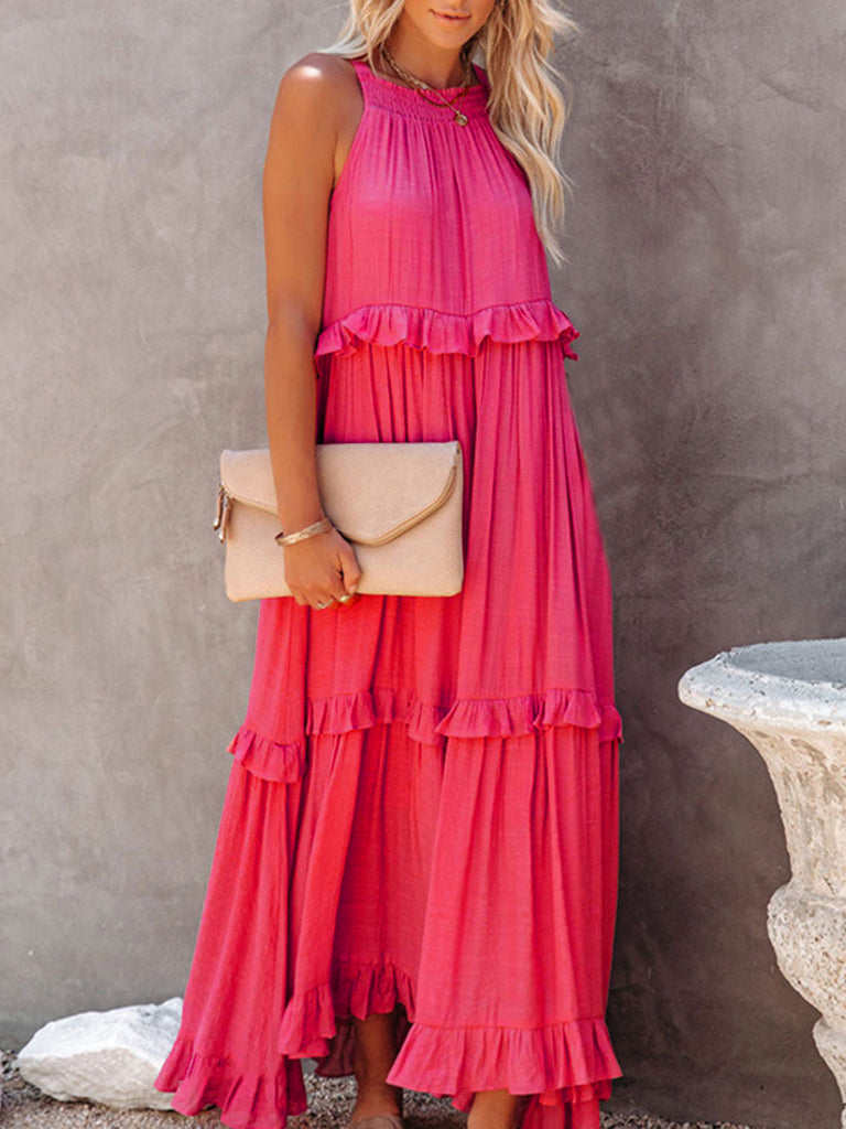 Dresses- Vacation Solid A-Line Tiered Ruffle Halter Maxi Dress- - IndioGear Fashion and Gear