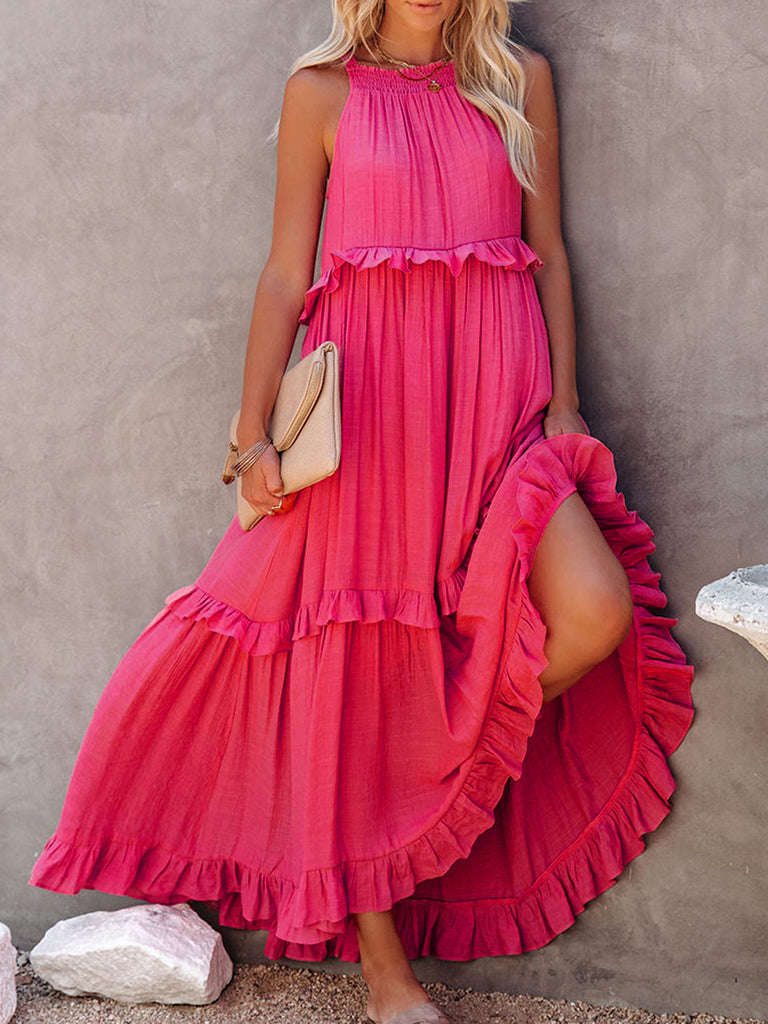 Dresses- Vacation Solid A-Line Tiered Ruffle Halter Maxi Dress- Pink- IndioGear Fashion and Gear