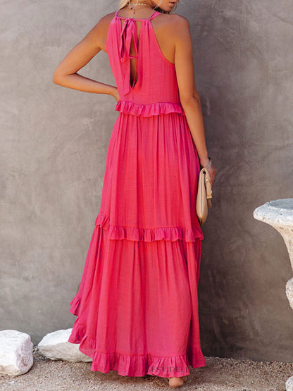 Dresses- Vacation Solid A-Line Tiered Ruffle Halter Maxi Dress- - IndioGear Fashion and Gear