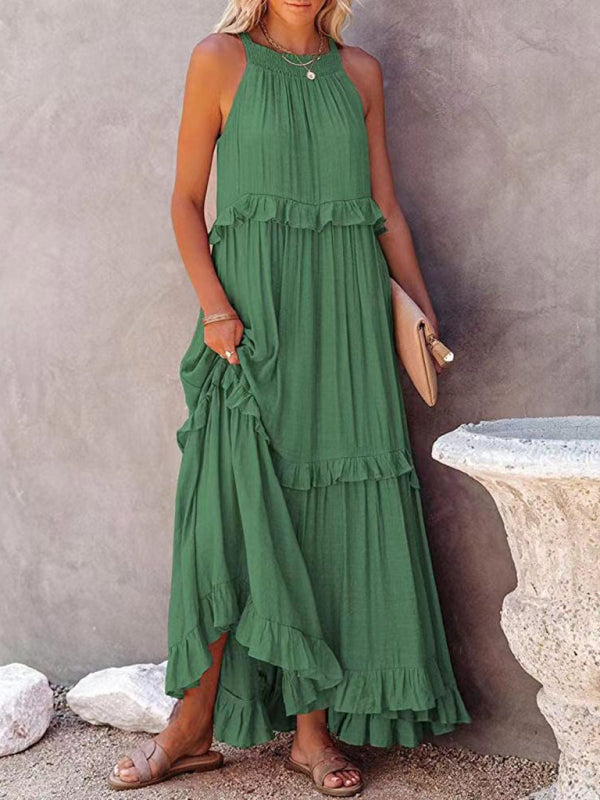 Dresses- Vacation Solid A-Line Tiered Ruffle Halter Maxi Dress- Green- IndioGear Fashion and Gear