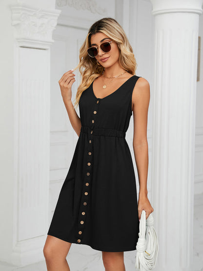 Dresses- Women's Sleeveless Buttoned Pocket Round Neck Dress- Black- IndioGear Fashion and Gear