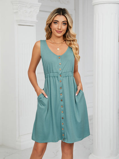 Dresses- Women's Sleeveless Buttoned Pocket Round Neck Dress- - IndioGear Fashion and Gear