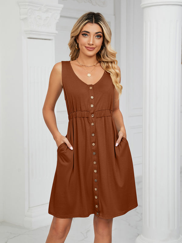 Dresses- Women's Sleeveless Buttoned Pocket Round Neck Dress- caramel- IndioGear Fashion and Gear