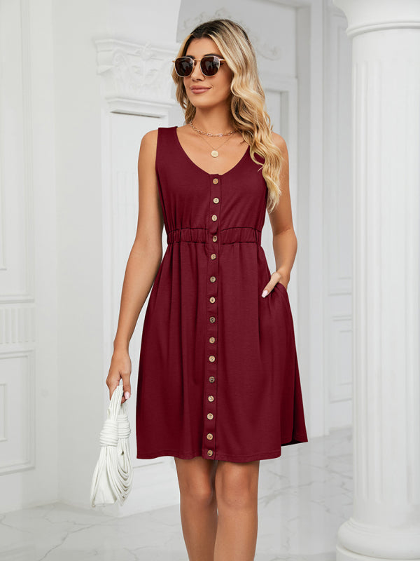 Dresses- Women's Sleeveless Buttoned Pocket Round Neck Dress- - IndioGear Fashion and Gear