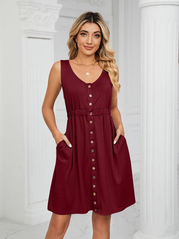 Dresses- Women's Sleeveless Buttoned Pocket Round Neck Dress- Wine Red- IndioGear Fashion and Gear