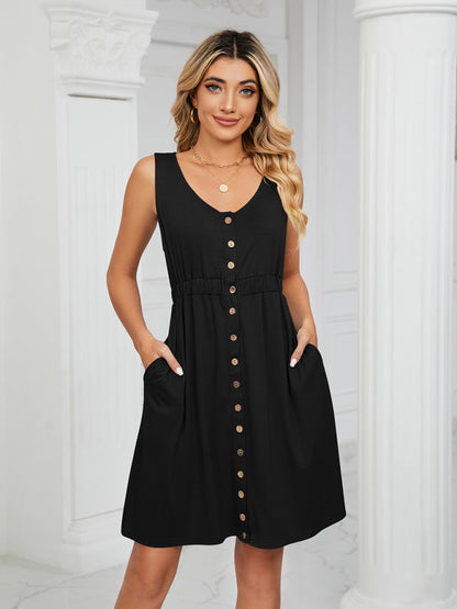 Dresses- Women's Sleeveless Buttoned Pocket Round Neck Dress- - IndioGear Fashion and Gear