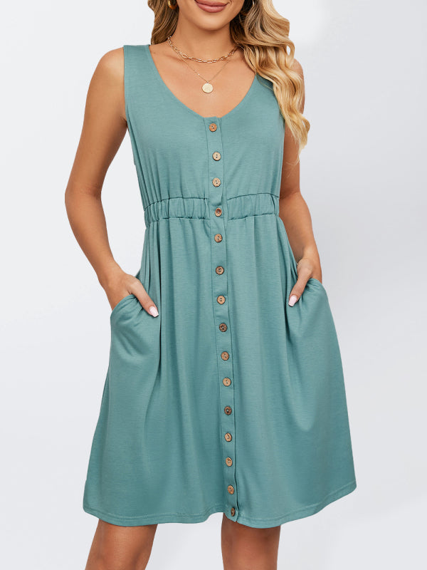 Dresses- Women's Sleeveless Buttoned Pocket Round Neck Dress- Green turquoise- IndioGear Fashion and Gear