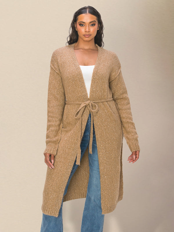 Duster Cardigans- Belted Wrap Knitwear - Mid-Length Tie-Waist Duster Cardigan- - IndioGear Clothing and Gear