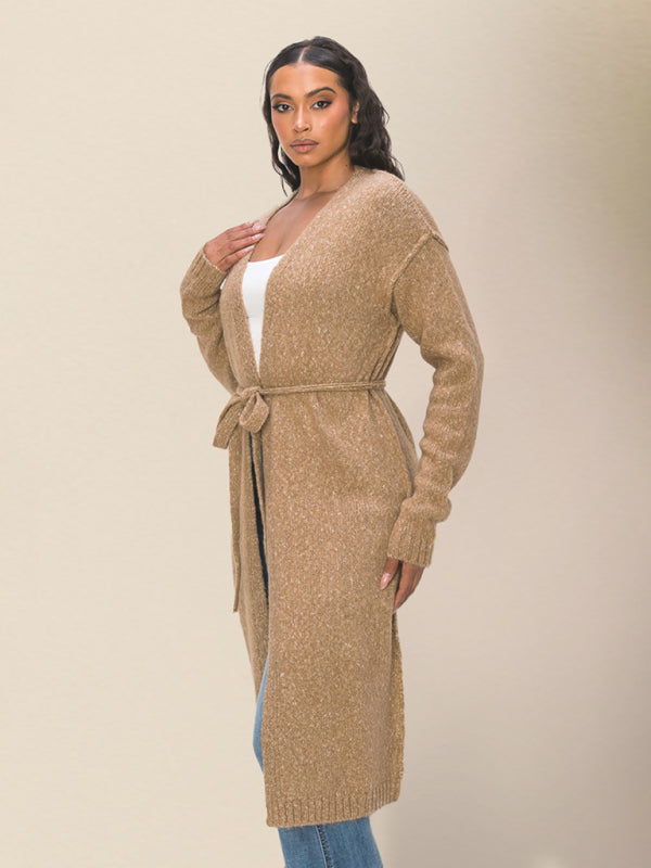 Duster Cardigans- Belted Wrap Knitwear - Mid-Length Tie-Waist Duster Cardigan- - IndioGear Clothing and Gear