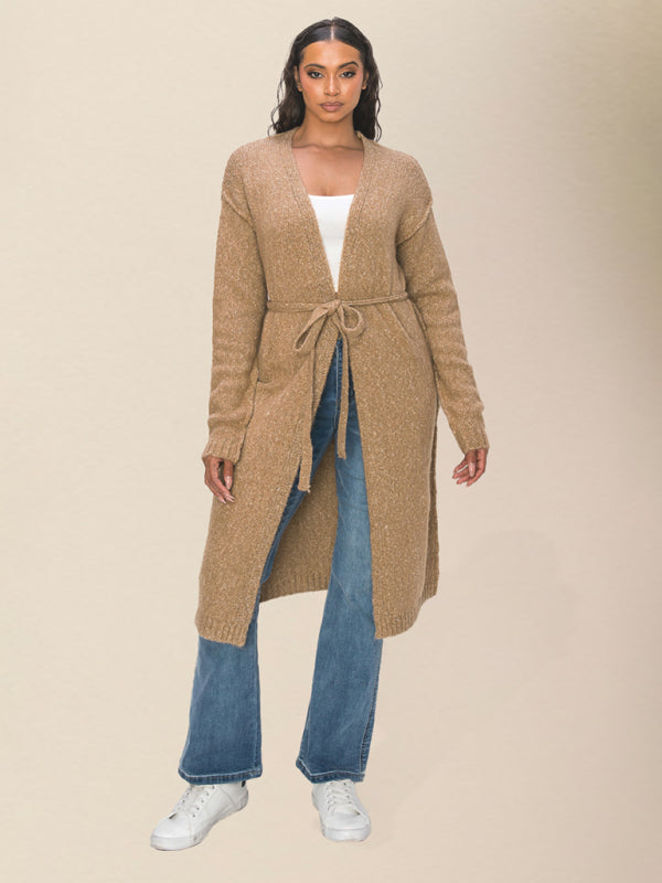 Duster Cardigans- Belted Wrap Knitwear - Mid-Length Tie-Waist Duster Cardigan- Khaki- IndioGear Clothing and Gear