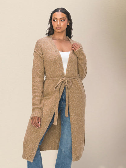 Duster Cardigans- Belted Wrap Knitwear - Mid-Length Tie-Waist Duster Cardigan- - IndioGear Clothing and Gear