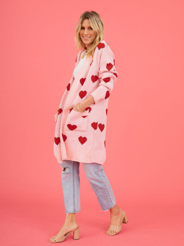 Duster Cardigans- Valentine's Day Knitted Duster Cardigan with Side Pockets- - IndioGear Clothing and Gear