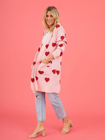 Duster Cardigans- Valentine's Day Knitted Duster Cardigan with Side Pockets- - IndioGear Clothing and Gear