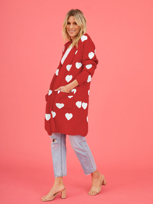 Duster Cardigans- Valentine's Day Knitted Duster Cardigan with Side Pockets- - IndioGear Clothing and Gear