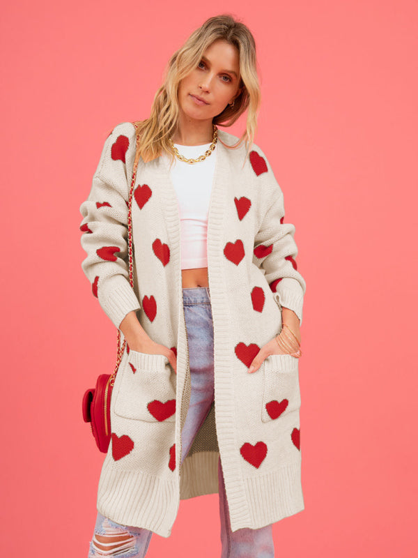 Duster Cardigans- Valentine's Day Knitted Duster Cardigan with Side Pockets- - IndioGear Clothing and Gear