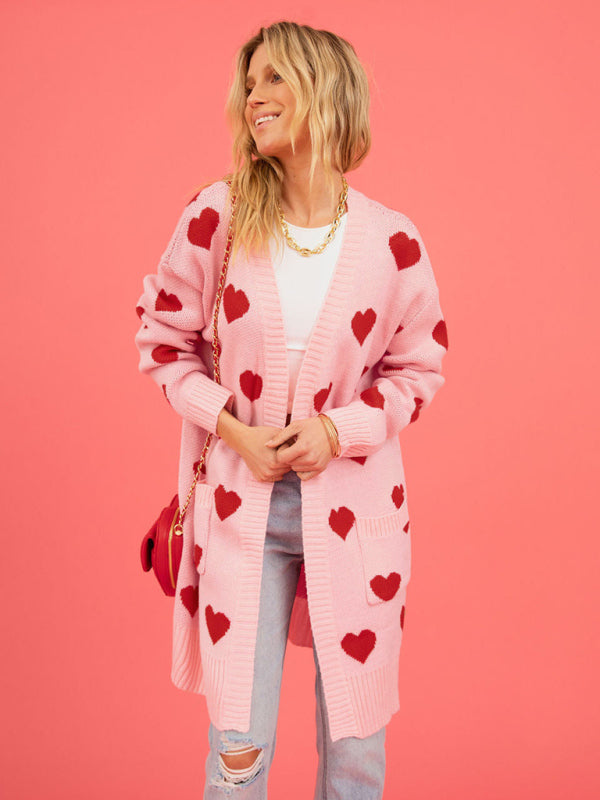 Duster Cardigans- Valentine's Day Knitted Duster Cardigan with Side Pockets- - IndioGear Clothing and Gear