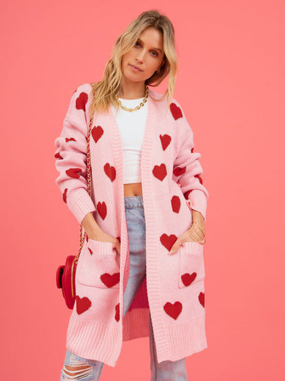 Duster Cardigans- Valentine's Day Knitted Duster Cardigan with Side Pockets- - IndioGear Clothing and Gear