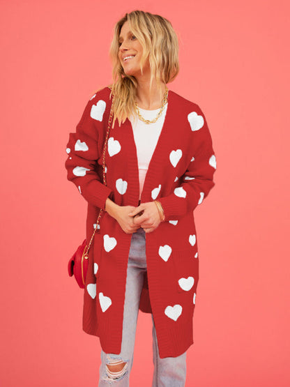 Duster Cardigans- Valentine's Day Knitted Duster Cardigan with Side Pockets- - IndioGear Clothing and Gear