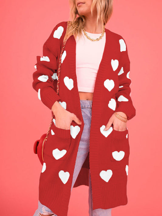 Duster Cardigans- Valentine's Day Knitted Duster Cardigan with Side Pockets- Red- IndioGear Clothing and Gear