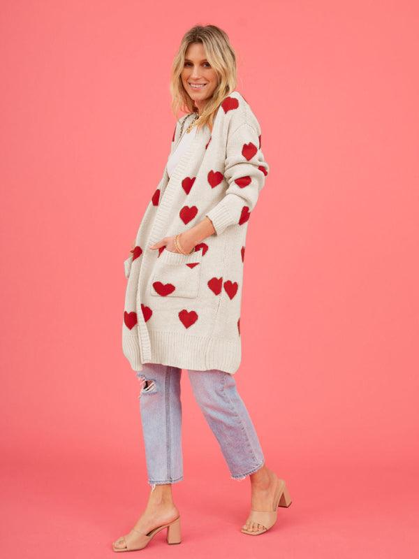 Duster Cardigans- Valentine's Day Knitted Duster Cardigan with Side Pockets- - IndioGear Clothing and Gear