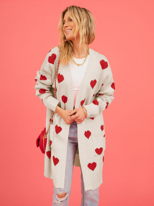 Duster Cardigans- Valentine's Day Knitted Duster Cardigan with Side Pockets- - IndioGear Clothing and Gear