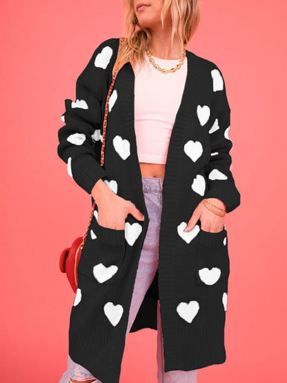 Duster Cardigans- Valentine's Day Knitted Duster Cardigan with Side Pockets- Black- IndioGear Clothing and Gear