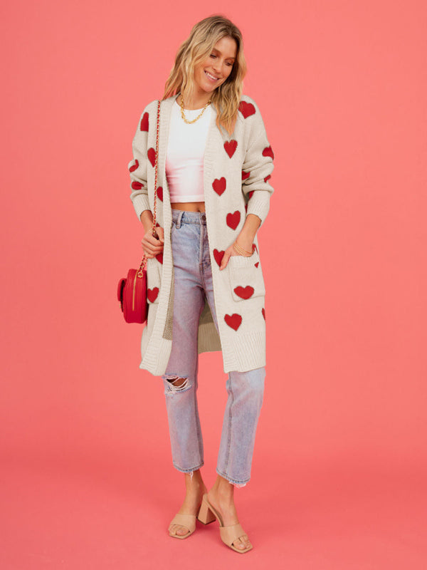 Duster Cardigans- Valentine's Day Knitted Duster Cardigan with Side Pockets- - IndioGear Clothing and Gear