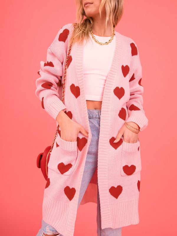 Duster Cardigans- Valentine's Day Knitted Duster Cardigan with Side Pockets- Pink- IndioGear Clothing and Gear