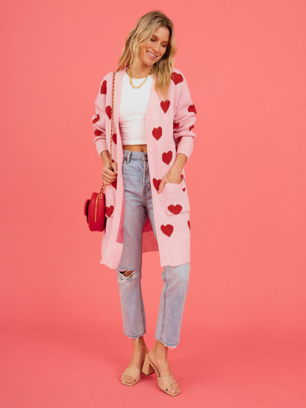 Duster Cardigans- Valentine's Day Knitted Duster Cardigan with Side Pockets- - IndioGear Clothing and Gear