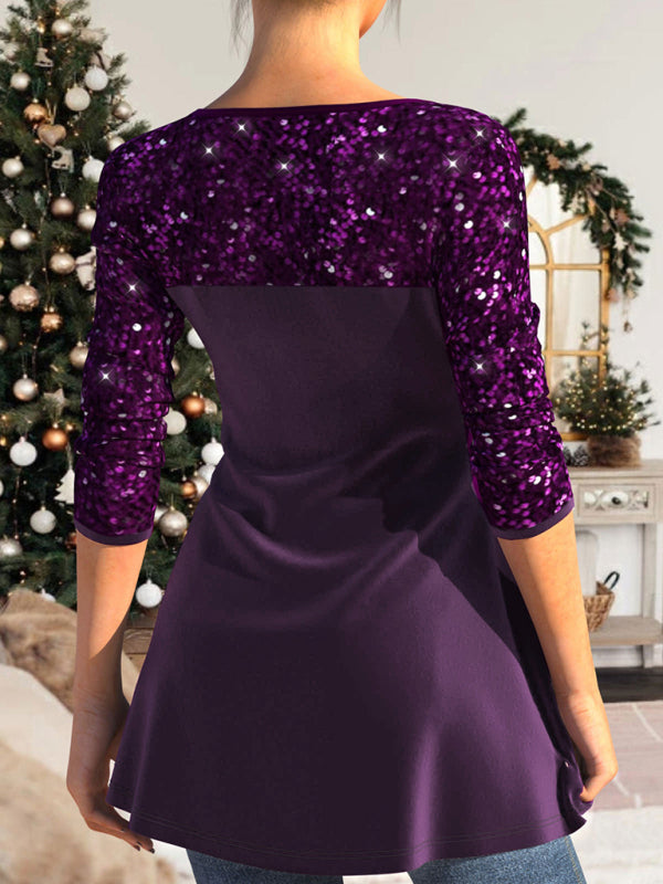 Elegant Blouses- Night Glam Sparkly Patchwork Peplum Top with Sleeves- - IndioGear Clothing and Gear