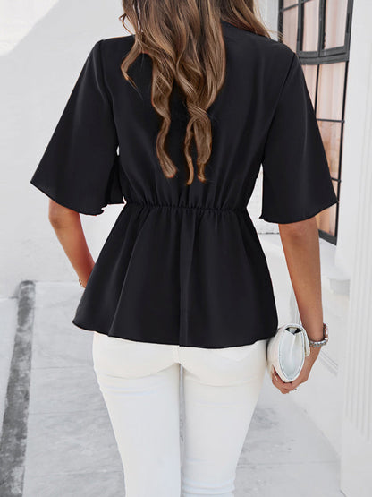 Elegant Blouses- Surplice V-Neck Blouse - Women's Elegant Gathered Knot Waist A-Line Top- - IndioGear Fashion and Gear