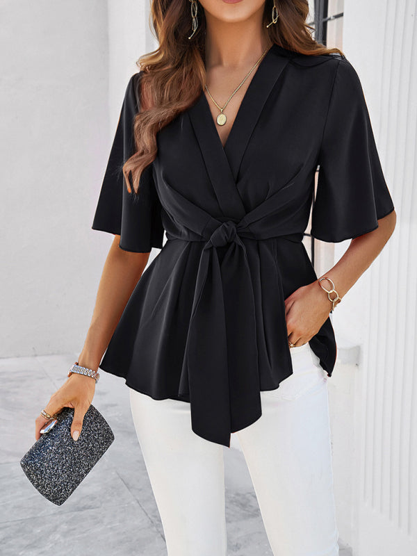 Elegant Blouses- Surplice V-Neck Blouse - Women's Elegant Gathered Knot Waist A-Line Top- - IndioGear Fashion and Gear