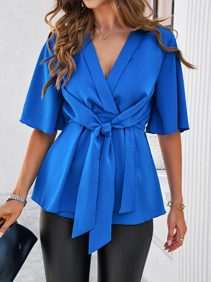 Elegant Blouses- Surplice V-Neck Blouse - Women's Elegant Gathered Knot Waist A-Line Top- - IndioGear Fashion and Gear